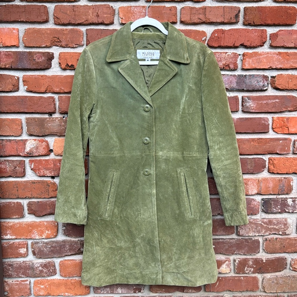 Wilsons Leather Soft Suede Vtg Avocado Green Pockets Lined Button Car Coat M - Picture 6 of 17